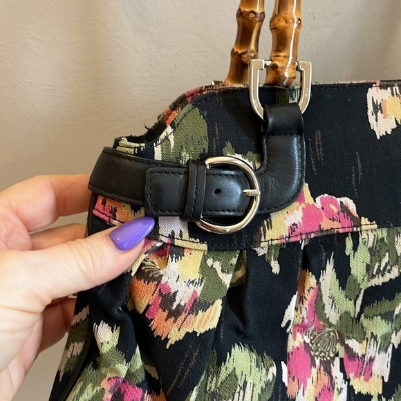 Talbots Floral Satchel Bag Bamboo Handles Fabric Black Faux Leather Trim - Picture 2 of 8